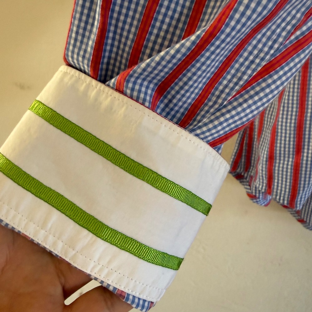 Robert Graham Tailored Fit Striped Gingham Button Down Shirt Mens 2XL Red Blue - Picture 6 of 9